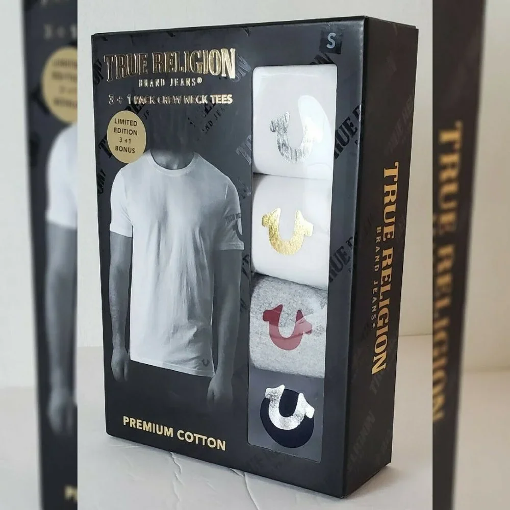 TRUE RELIGION LOUNGEWEAR 3 + 1 PACK CREW NECK TEES MEN SZ M METALLIC LOGO W/G/B - Picture 2 of 8